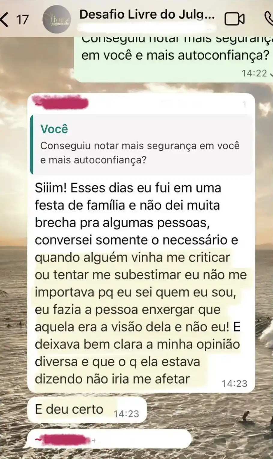 Depoimento sobre parar de se afetar com críticas da família